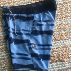 Men’s Volcom Beach Navy Blue Stripe Board Shorts Swim Wear 36